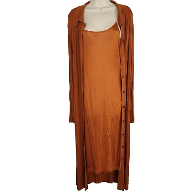 #ad St John 2 Pc Slip Dress and Button Up Long Slv Duster Women Size M Brown FLAWS $150.00