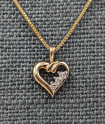 #ad Vtg Gold On 925 Silver R. Simons Heart Diamond Accent Pendant 18quot; Box Necklace $33.59