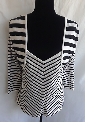 #ad Lior Paris Womens Top XL Black White Stripe Fitted Low V Neck Rayon nylon Blend $14.99