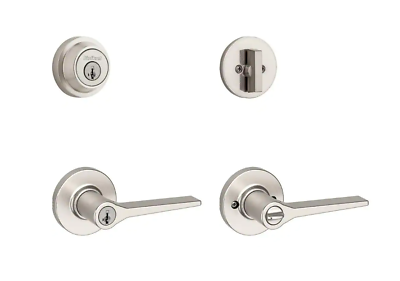 #ad Kwikset Hollis Round Rose Satin Nickel Lever with Single Cylinder Deadbolt Combo $38.99