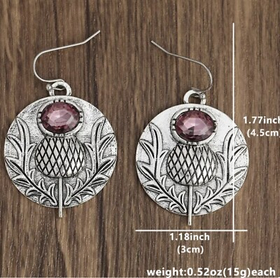 #ad Celtic Silver Color Scottish Thistle Earrings with Purple Crystal Like Stones $9.99