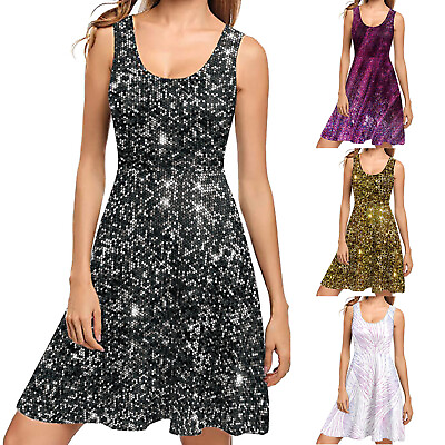 #ad Women#x27;s Shiny Sequin Digital Print Plaid Sleeveless Dress Sexy Backless Vest ZF $20.12