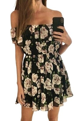 #ad Lucy Paris Off Shoulder Flounce Black Rose Floral Short Dress Sz S Flirty NEW $34.99