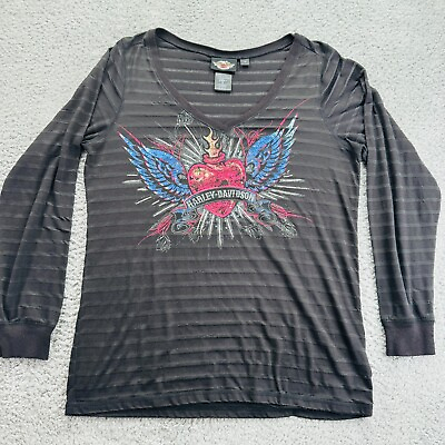 #ad Harley Davidson V Neck Heart Long Sleeve Biker T Shirt Women#x27;s Size XL 1W $14.95