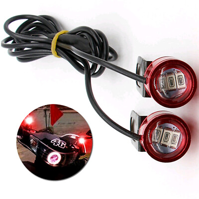 #ad 2pcs DC 12V Motorcycle Rearview Mirror Eagle Eye 3 LED Flash Strobe Lights Red $7.89
