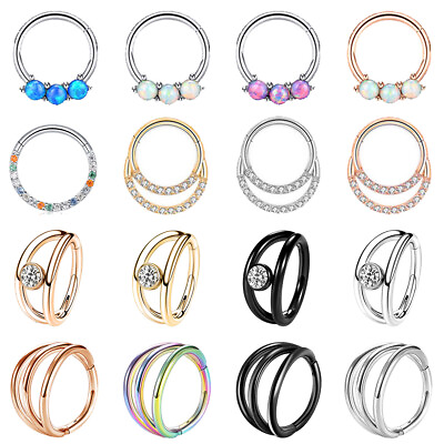 #ad 16G Triple Double Hoop Nose Ring Surgical Steel Hinged Septum Clicker CZ Earring $3.99