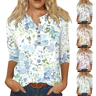#ad Womens Tops Button Watercolor Print 3 4 Sleeve V Neck T Shirt Blouse Summer Tees $11.95