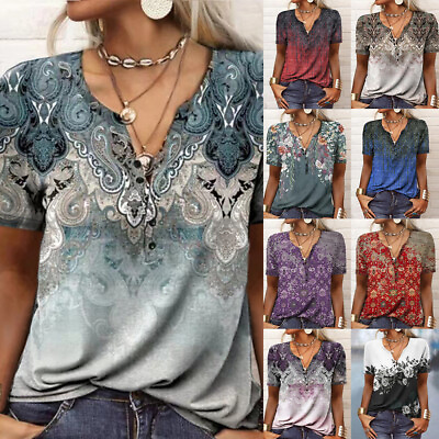 #ad Womens V Neck Casual Printed T shirts Ladies Short Sleeve Loose Blouse Tops Tees $14.57