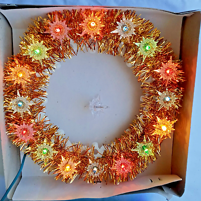 #ad VTG Kreations Brand Howard Berger Gold 16 Light Tinsel Wreath IOB RETRO WORKING $42.95