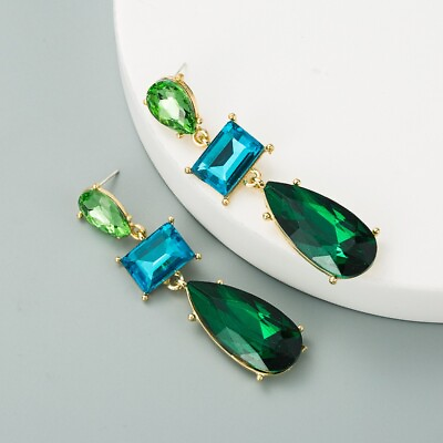 #ad Beautiful Fashion Long Green Blue Crystal Dangle Earrings $12.99
