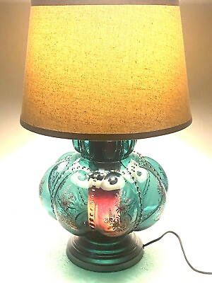 #ad Vintage MCM Carl Falkenstein Hand Painted Glass Electric Table Lamp Blue $129.00