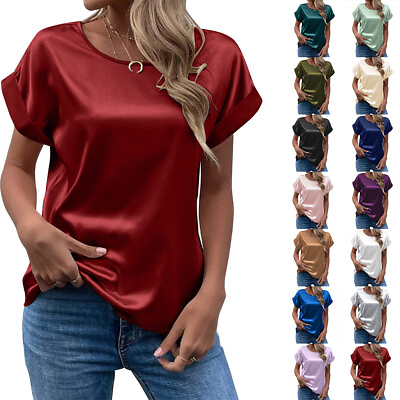 #ad Women Satin Silk T Shirt Tee Short Sleeve Ladies Loose Casual Tunic Tops Blouse $14.80
