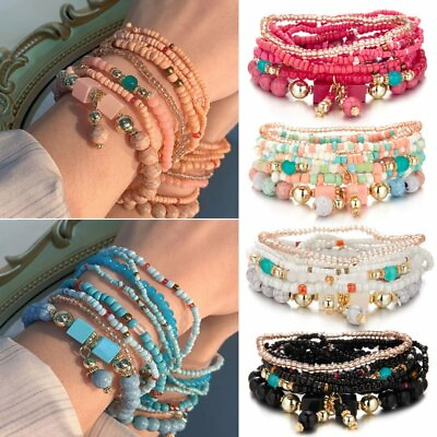 #ad Boho 8PCS Multilayer Crystal Beads Bracelet Natural Stone Bangle Jewelry Women C $4.12