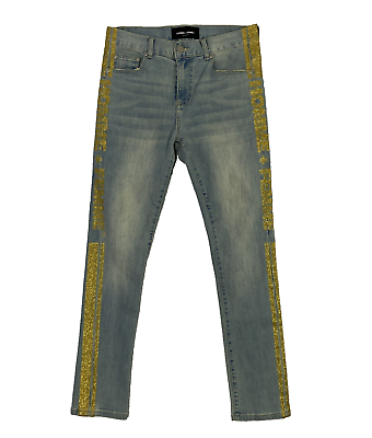 #ad Homme Femme Jeans Paint Slim Straight Gold Stripe Size 28 Blue 31 x 28.5 Mens $59.99