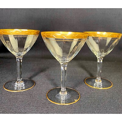 #ad Vintage Mid Century Modern Elegant Gold Rimmed Clear Cocktail Glasses Set 3 5quot; $30.00