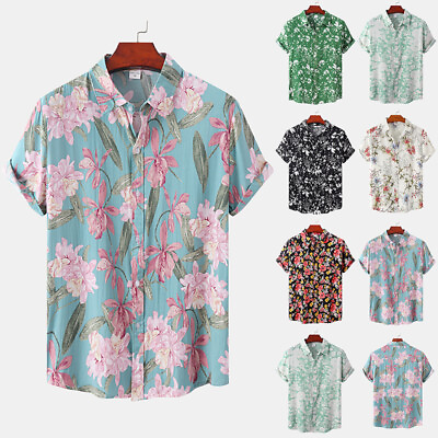 #ad Men T Shirt Button Down Tops Mens Hawaiian Beach Short Sleeve Blouse Turn Collar $16.75