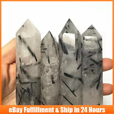 #ad 60 70mm Natural Black Tourmaline Quartz Rutilated Healing Crystal Point Wand US $8.73