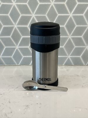 #ad Thermos 16 oz. Insulated Stainless Steel Food Jar w Folding Spoon Gray Black. $19.99