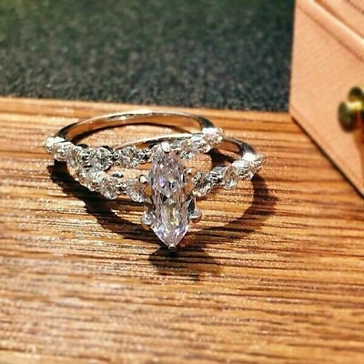 #ad 2Ct Lab Created Diamond Marquise Wedding Bridal Ring Set 14K White Gold Plated $107.99