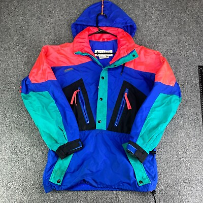 #ad Columbia Jacket Mens S Colorblock Hooded Windbreaker Snap Button Ski Winter $14.88
