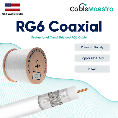 #ad Outdoor 18AWG RG6 Coaxial Cable Direct Burial Quad Shield Wire Satellite White $88.68