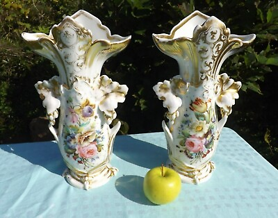 #ad Antique Vieux  Paris Porcelain Wedding Vases 12 1 2 inches high NEW PRICE  C $395.00