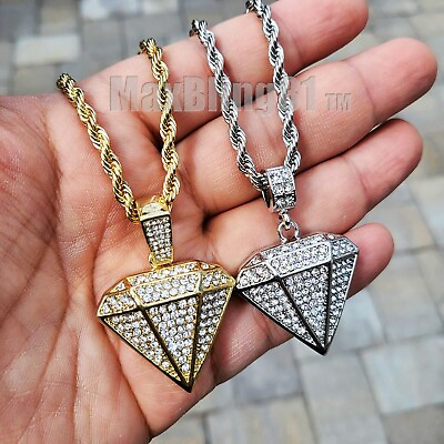 #ad Iced Diamond Shape Pendant amp; 24quot; Rope Chain Bling Hip Hop Gold Silver Necklace $11.99