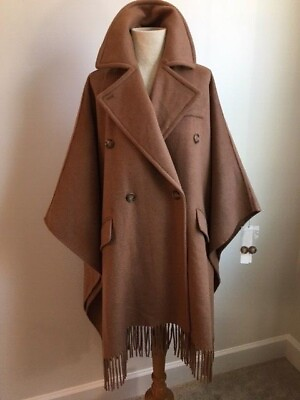 #ad Fringe Hem Dbl Breasted Reefer Style Cape Cloak Overcoat Camel NWT ONE SIZE $345.00