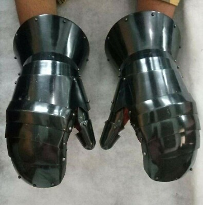 #ad Medieval Knight Black Crusader Gloves Black Gauntlet Gloves Armor Pair Gothic $140.06