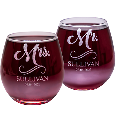 #ad Custom Stemless Wine Glasses Set of 2 – 6.4 oz Engraved Wedding Glasses Set $24.95