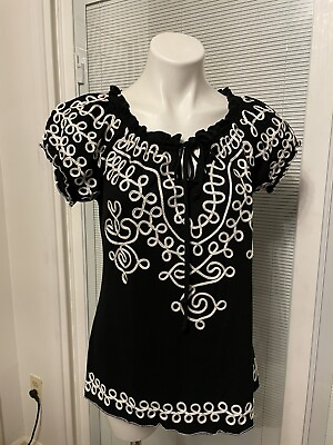 #ad Lauren Michelle Womens Black White Puff Sleeve Embroidered Blouse Top Sz Medium $21.99