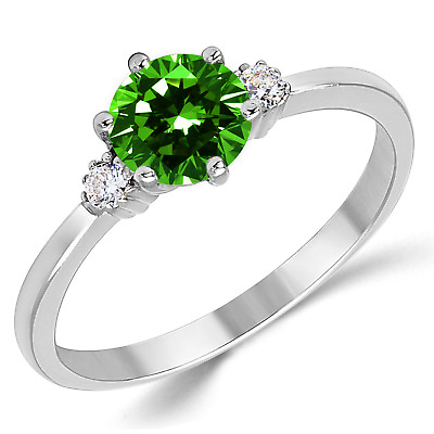 #ad 14K Solid White Gold Lab Created Emerald Three Stone Engagement Ring $130.50