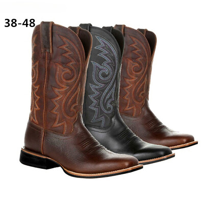 #ad Men#x27;s Cowboy Retro Boots Leather Western Brown Work Square Toe Botas Plus Size $34.86