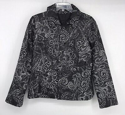 #ad Women#x27;s Size Medium Black White Reversible Collared Jacket Pockets Swirls $19.99