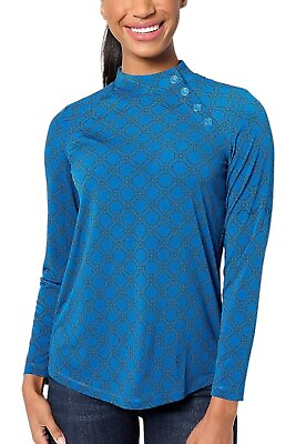 #ad Susan Graver Printed Liquid Knit Long Sleeve Mock Neck Top Harbor Blue $23.99