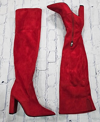 #ad NINE WEST Red Wide Calf Daser Pointy Toe Block Heels Boots WOMENS SIZE 7 M $59.98