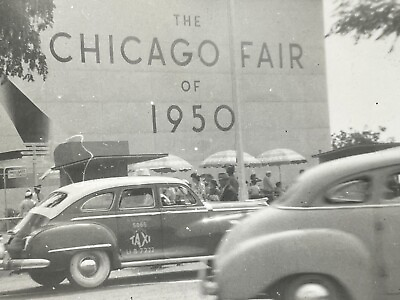 #ad VG Photograph Parking Lot Old Cars Chicago Fair 1950 Sign Building $14.96