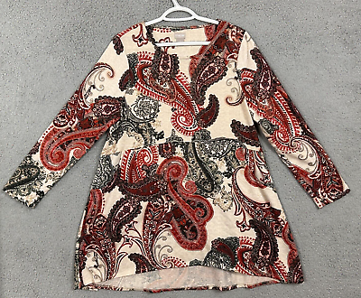 #ad Chicos shirt 1 beige red black womens tunic paisley round neck 3 4 sleeve hi low $11.88
