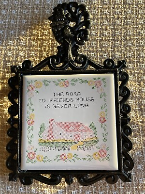 #ad Vintage Cast Iron Embroidered Pattern Trivet Tile Wall Hanging Kitchen Rooster $13.25