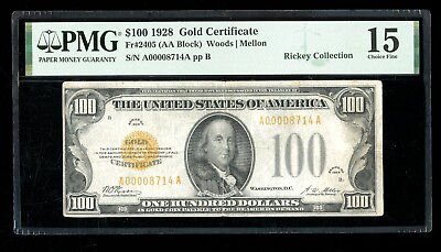 #ad DBR 1928 $100 Gold Certificate Fr. 2405 PMG 15 Low Serial # A00008714A $1399.95