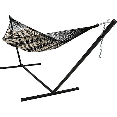 #ad 2 Person Cotton Nylon Hammock with Steel Stand Black Natural by Sunnydaze $279.00