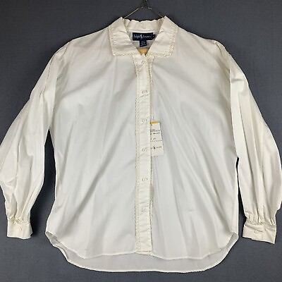 #ad Ralph Lauren Blouse Sz 6 Ivory Lace Long Sleeve Shirt Cotton Collar VTG 80s NWT $17.95