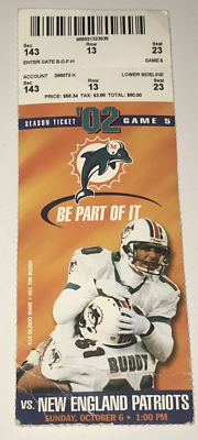 #ad 10 6 02 Dolphins New England Patriots Ticket Stub Brady Early Career TDs #30 #31 $69.99