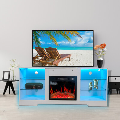 #ad Fireplace TV Stand Modern Entertainment Center With Cable Holes and LED Strip $229.98