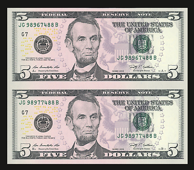 #ad Uncut sheet of 2 $5 Bills 2009 or 2013 Crisp Real Connected US Paper money $28.99