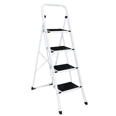 #ad 4 Step Ladder Handgrip Anti Slip 330lbs Portable Steel Step Stool White amp; Black $47.58