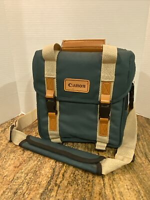 #ad Vintage Canon Green Canvas Camera Bag w Shoulder Strap Leather Handle $45.49