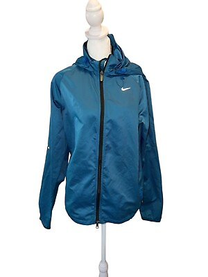 #ad Nike Fit Storm Rain Jacket Women#x27;s Size Medium Blue Full Zip Hooded Rain Jacket $15.00