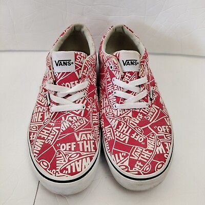#ad Vans Off The Wall Men Youth 7 Red All Over Logo Print Lace Up Shoes Sneakers $24.95