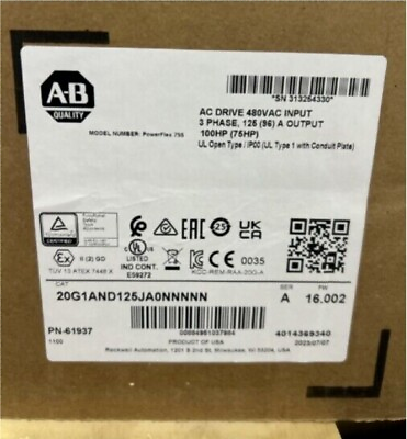 #ad 20G1AND125JA0NNNNN New Factory Sealed Allen Bradley 755 AC Drive Air Cooled $13498.00